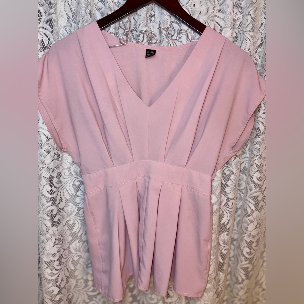 SHEIN Blush Pink V-Neck Pleated Blouse